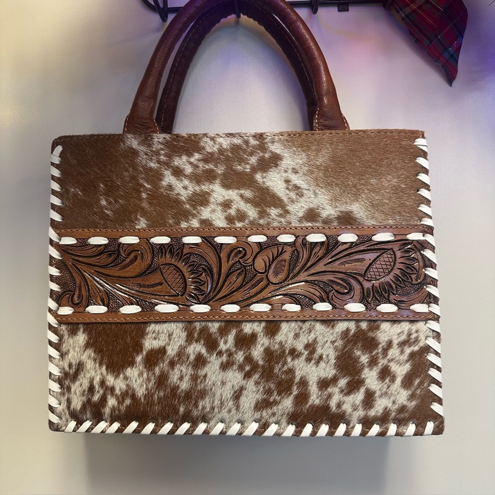 Brown and White Leather Tote Bag